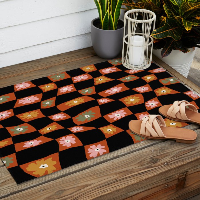 Retro floral check 1 Outdoor Rug Gallery Image 2