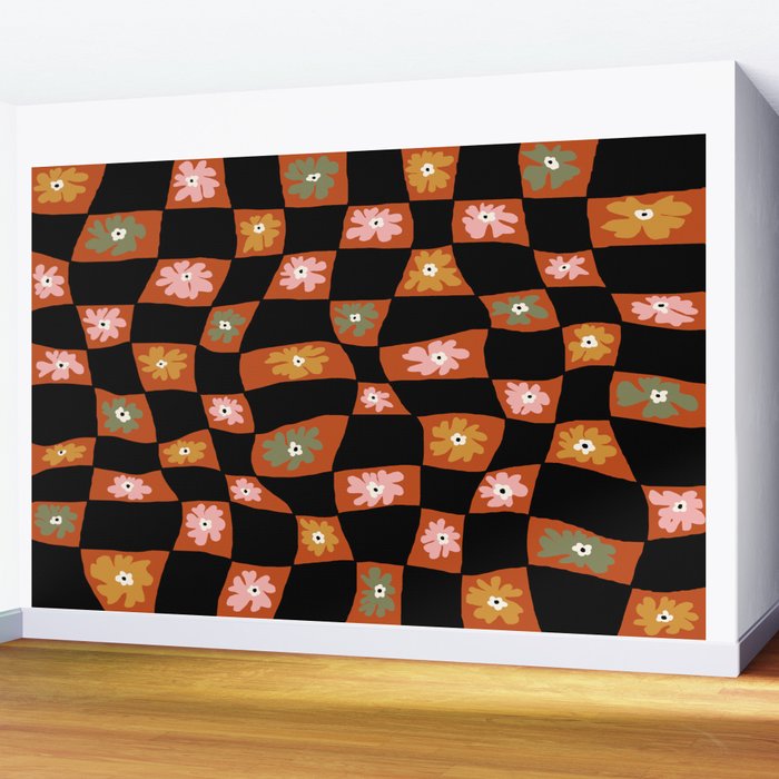 Retro floral check 1 Wall Mural Gallery Image 2
