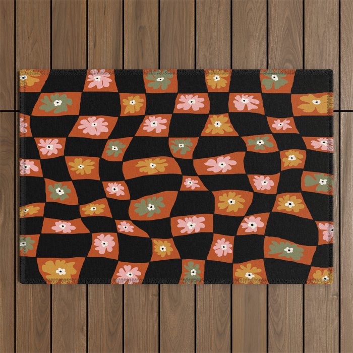 Retro floral check 1 Outdoor Rug Gallery Image 1