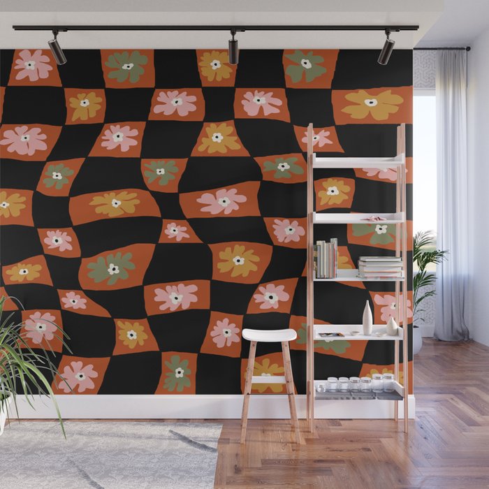 Retro floral check 1 Wall Mural Gallery Image 1