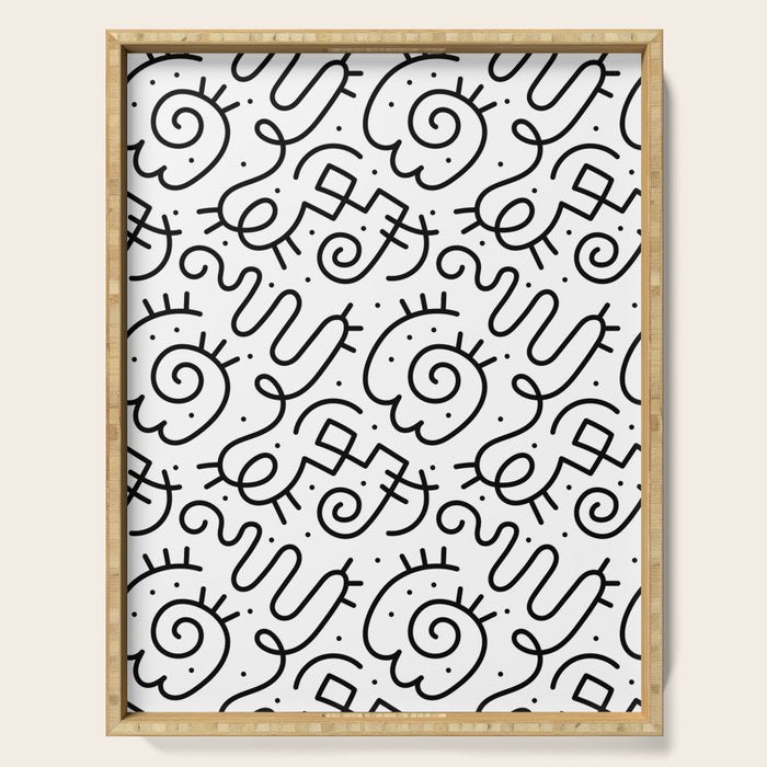 Fun black and white line doodle art pattern Serving Tray Gallery Image 1