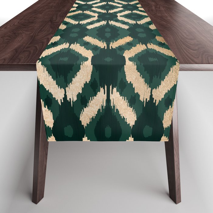 Bohemian Gold Forest Green Ikat Pattern Table Runner Gallery Image 1