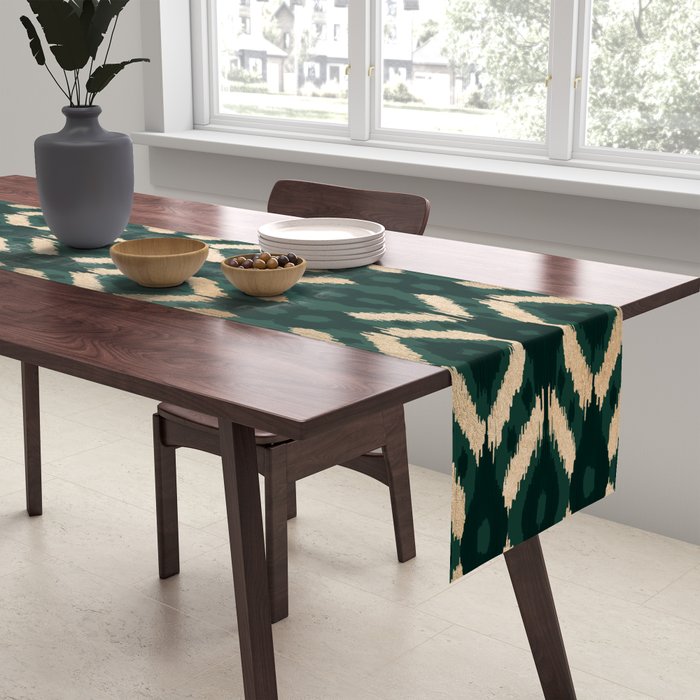 Bohemian Gold Forest Green Ikat Pattern Table Runner Gallery Image 2
