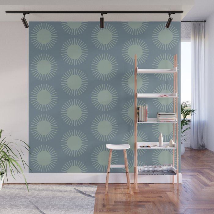 Boho Summer Sun Pattern V Neutral Blue Sage Green Wall Mural Gallery Image 1