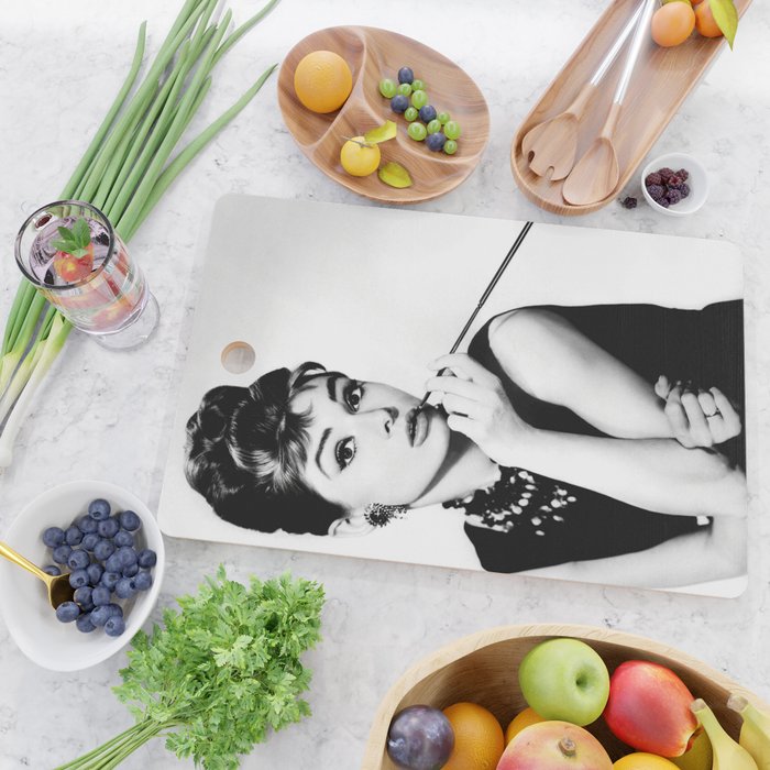 Audrey Hepburn Portrait, Black and White Vintage Art  Cutting Board Gallery Image 2