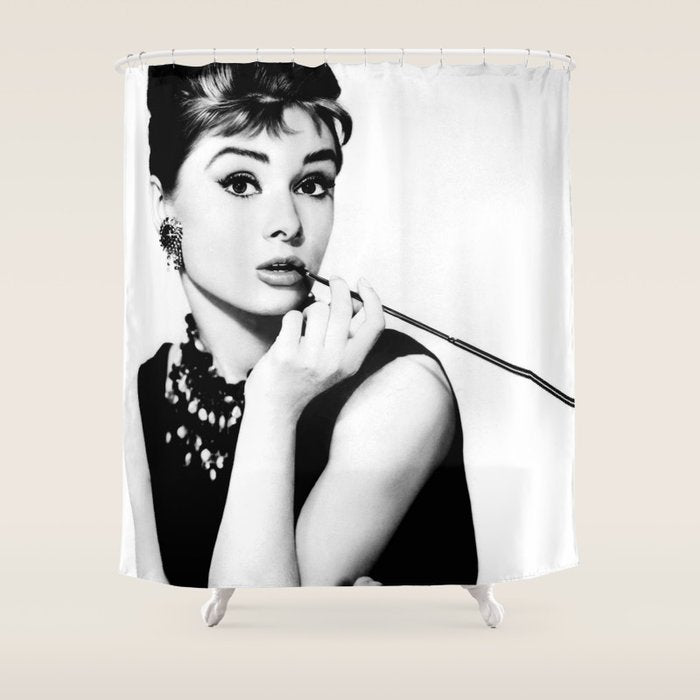 Audrey Hepburn Portrait, Black and White Vintage Art  Shower Curtain Gallery Image 1