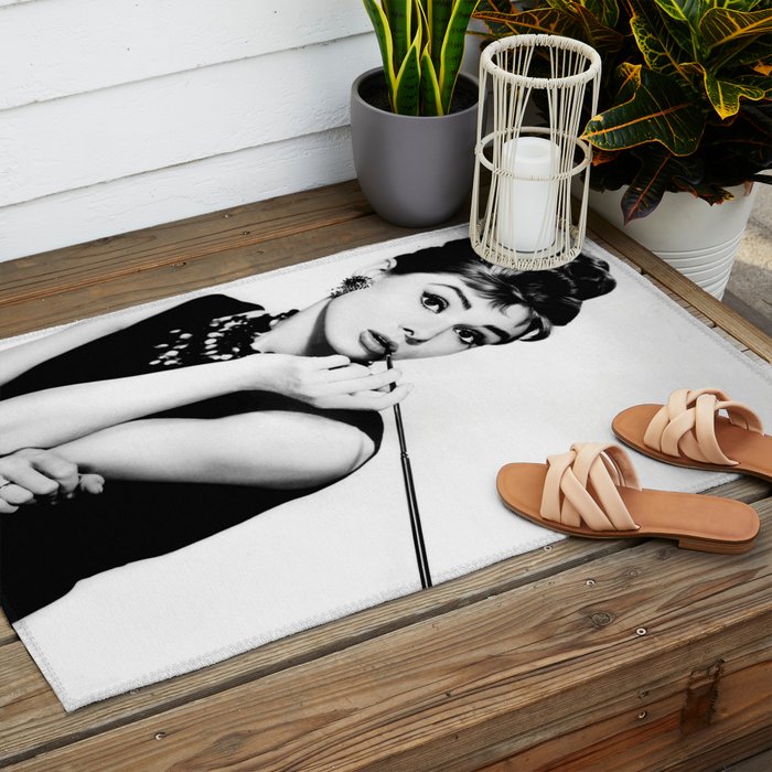 Audrey Hepburn Portrait, Black and White Vintage Art  Outdoor Rug Gallery Image 2