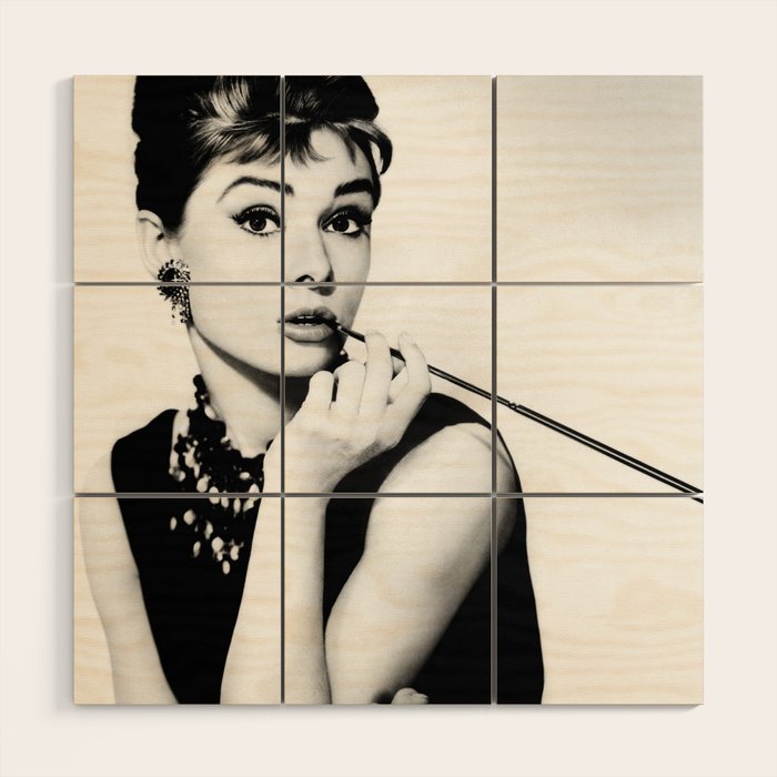 Audrey Hepburn Portrait, Black and White Vintage Art  Wood Wall Art Gallery Image 1