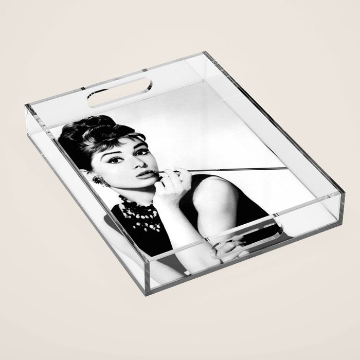 Audrey Hepburn Portrait, Black and White Vintage Art  Acrylic Tray Gallery Image 1