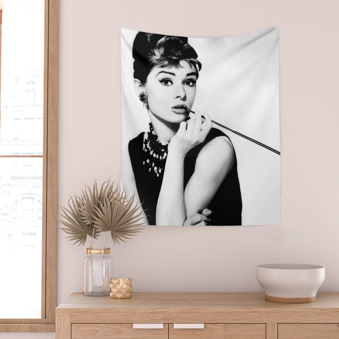 Audrey Hepburn Portrait, Black and White Vintage Art  Wall Tapestry Gallery Image 2