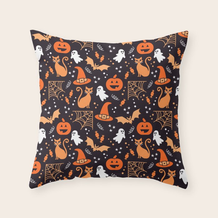 Halloween party illustrations orange, black Throw Pillow Gallery Image 1