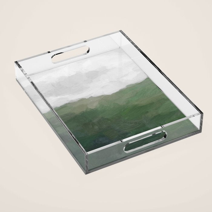 Valleys Beyond - Green Grass Hills Nature Pasture Gray Sky Clouds Abstract Nature Farmhouse Painting Acrylic Tray Gallery Image 1
