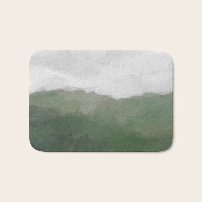 Valleys Beyond - Green Grass Hills Nature Pasture Gray Sky Clouds Abstract Nature Farmhouse Painting Bath Mat Gallery Image 1