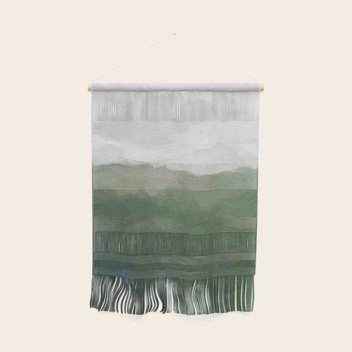 Valleys Beyond - Green Grass Hills Nature Pasture Gray Sky Clouds Abstract Nature Farmhouse Painting Wall Hanging Gallery Image 1