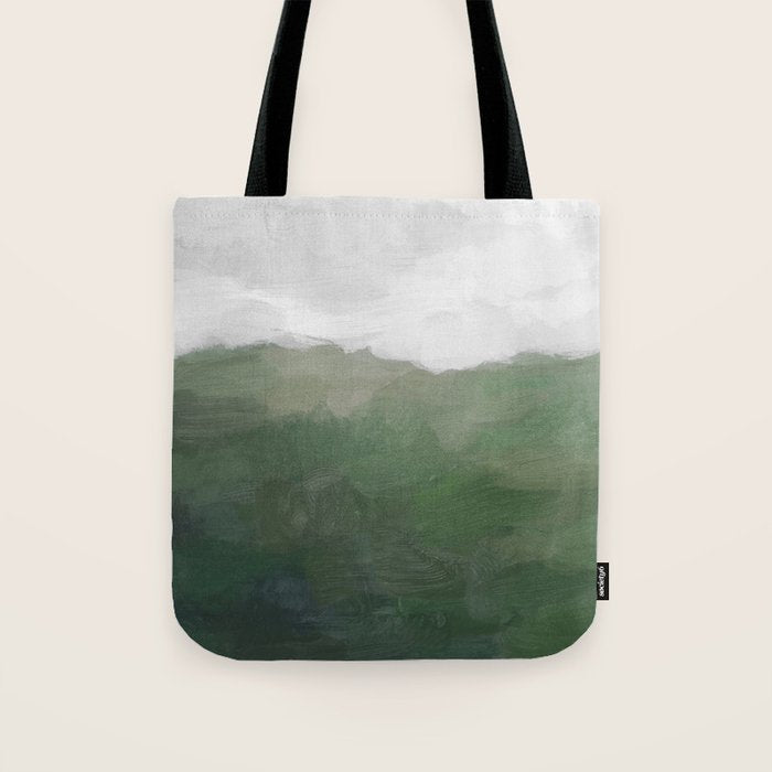 Valleys Beyond - Green Grass Hills Nature Pasture Gray Sky Clouds Abstract Nature Farmhouse Painting Tote Bag Gallery Image 1