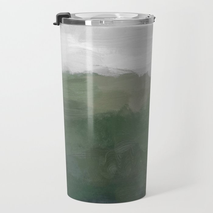 Valleys Beyond - Green Grass Hills Nature Pasture Gray Sky Clouds Abstract Nature Farmhouse Painting Travel Mug Gallery Image 3