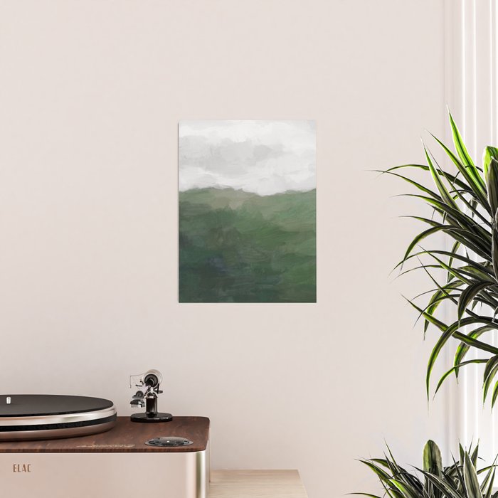 Valleys Beyond - Green Grass Hills Nature Pasture Gray Sky Clouds Abstract Nature Farmhouse Painting Poster Gallery Image 2
