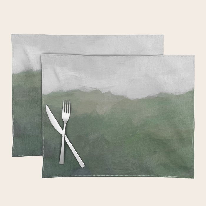 Valleys Beyond - Green Grass Hills Nature Pasture Gray Sky Clouds Abstract Nature Farmhouse Painting Placemat Gallery Image 1