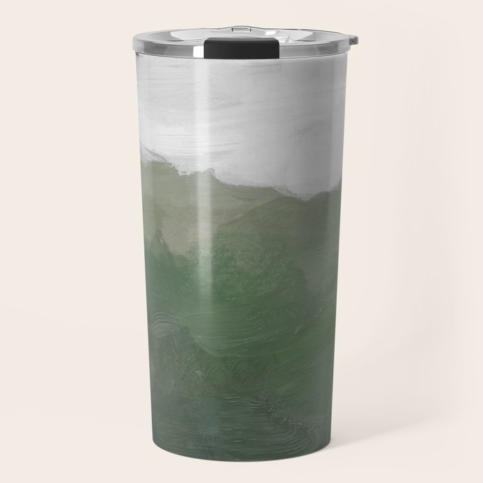 Valleys Beyond - Green Grass Hills Nature Pasture Gray Sky Clouds Abstract Nature Farmhouse Painting Travel Mug Gallery Image 1
