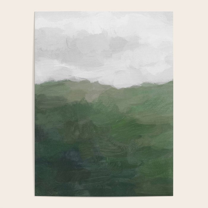 Valleys Beyond - Green Grass Hills Nature Pasture Gray Sky Clouds Abstract Nature Farmhouse Painting Poster Gallery Image 4