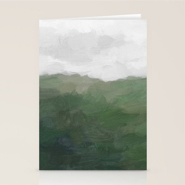 Valleys Beyond - Green Grass Hills Nature Pasture Gray Sky Clouds Abstract Nature Farmhouse Painting Stationery Card Gallery Image 2