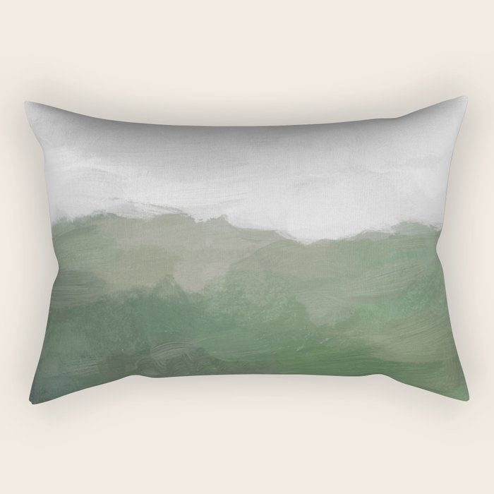 Valleys Beyond - Green Grass Hills Nature Pasture Gray Sky Clouds Abstract Nature Farmhouse Painting Rectangular Pillow Gallery Image 2