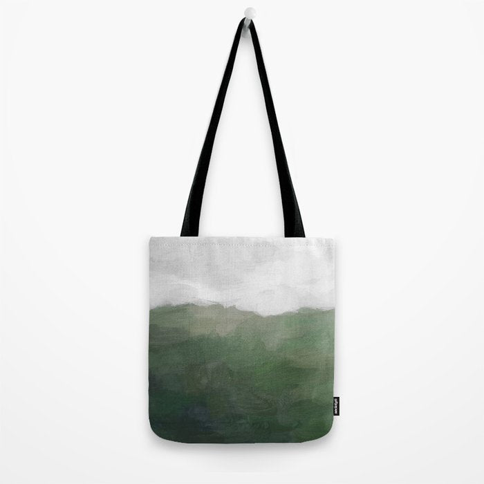 Valleys Beyond - Green Grass Hills Nature Pasture Gray Sky Clouds Abstract Nature Farmhouse Painting Tote Bag Gallery Image 2