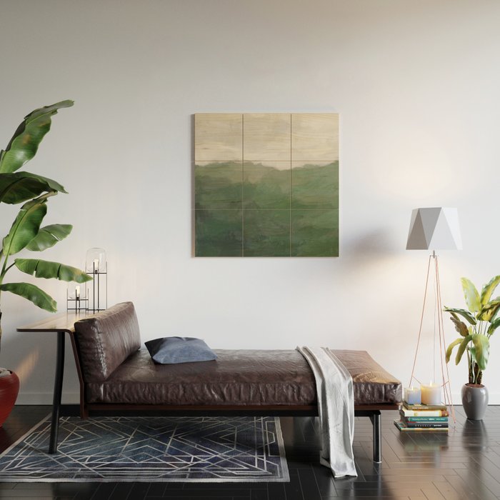 Valleys Beyond - Green Grass Hills Nature Pasture Gray Sky Clouds Abstract Nature Farmhouse Painting Wood Wall Art Gallery Image 2