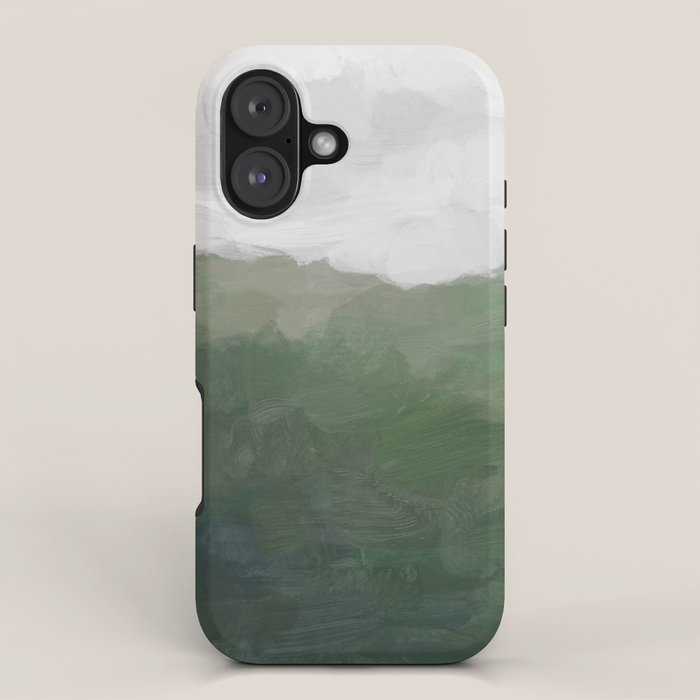 Valleys Beyond - Green Grass Hills Nature Pasture Gray Sky Clouds Abstract Nature Farmhouse Painting iPhone Case Gallery Image 1
