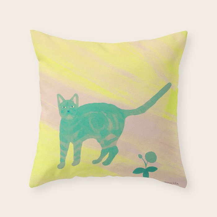 Staring Cat and Flower - Green and Pink and Yellow Throw Pillow Gallery Image 1