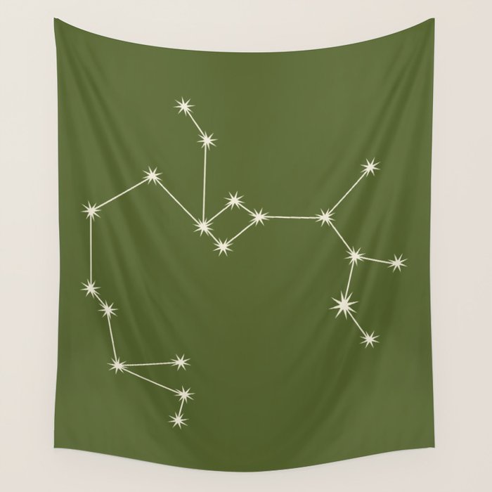 Sagittarius Zodiac Star Constellation Line Art Olive Green Wall Tapestry Gallery Image 4