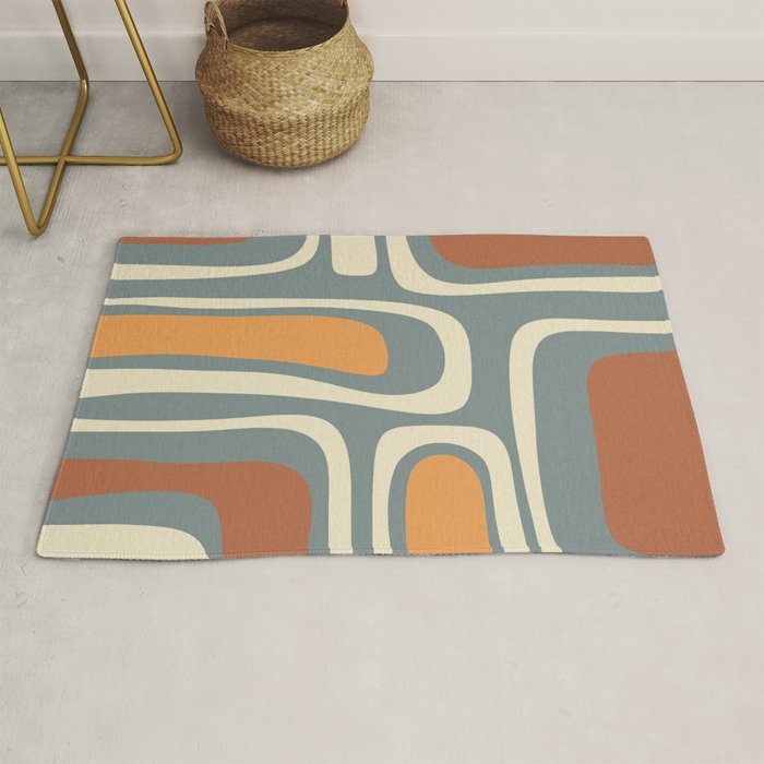 Palm Springs Retro Mid-Century Modern Abstract Pattern Slate Blue Orange Rust Cream Rug Gallery Image 1