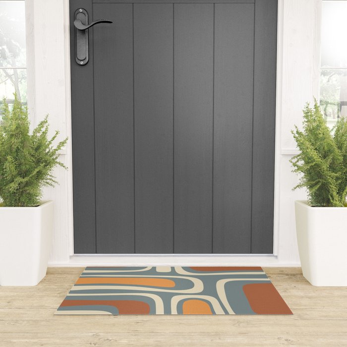 Palm Springs Retro Mid-Century Modern Abstract Pattern Slate Blue Orange Rust Cream Welcome Mat Gallery Image 3