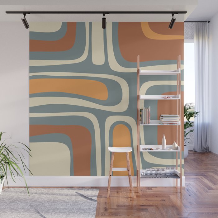 Palm Springs Retro Mid-Century Modern Abstract Pattern Slate Blue Orange Rust Cream Wall Mural Gallery Image 1