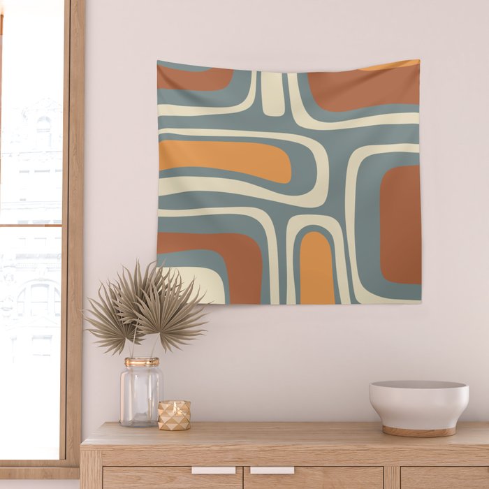 Palm Springs Retro Mid-Century Modern Abstract Pattern Slate Blue Orange Rust Cream Wall Tapestry Gallery Image 2