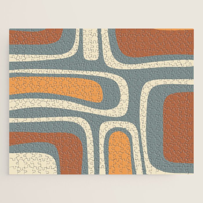 Palm Springs Retro Mid-Century Modern Abstract Pattern Slate Blue Orange Rust Cream Jigsaw Puzzle