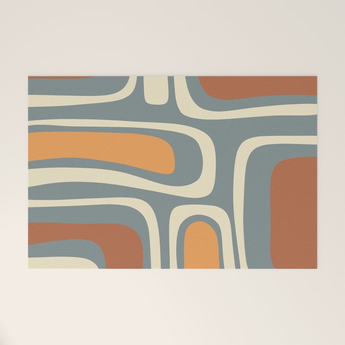 Palm Springs Retro Mid-Century Modern Abstract Pattern Slate Blue Orange Rust Cream Welcome Mat Gallery Image 1