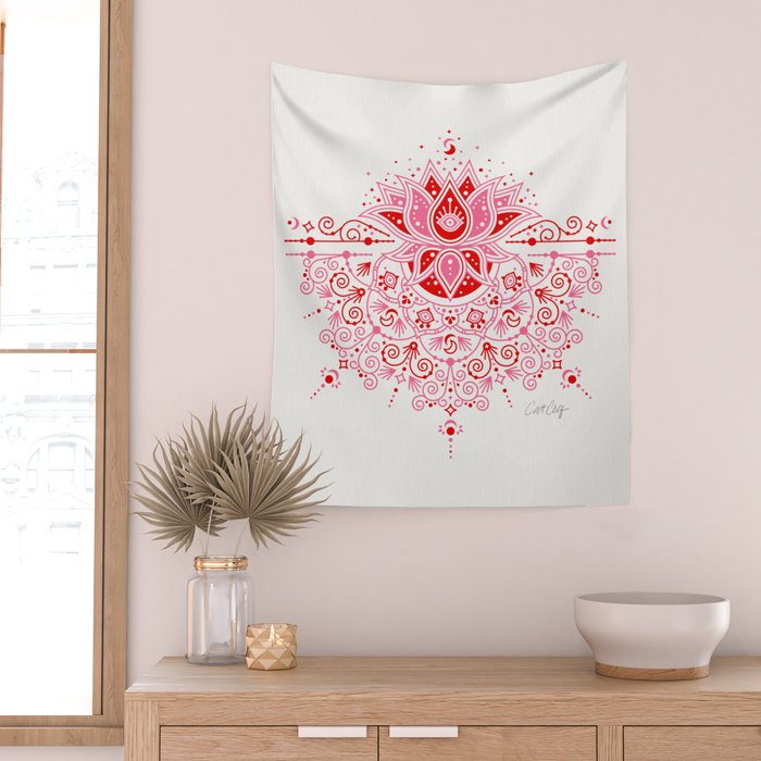 Lotus Blossom Mandala - Red & Pink Palette Wall Tapestry Gallery Image 2