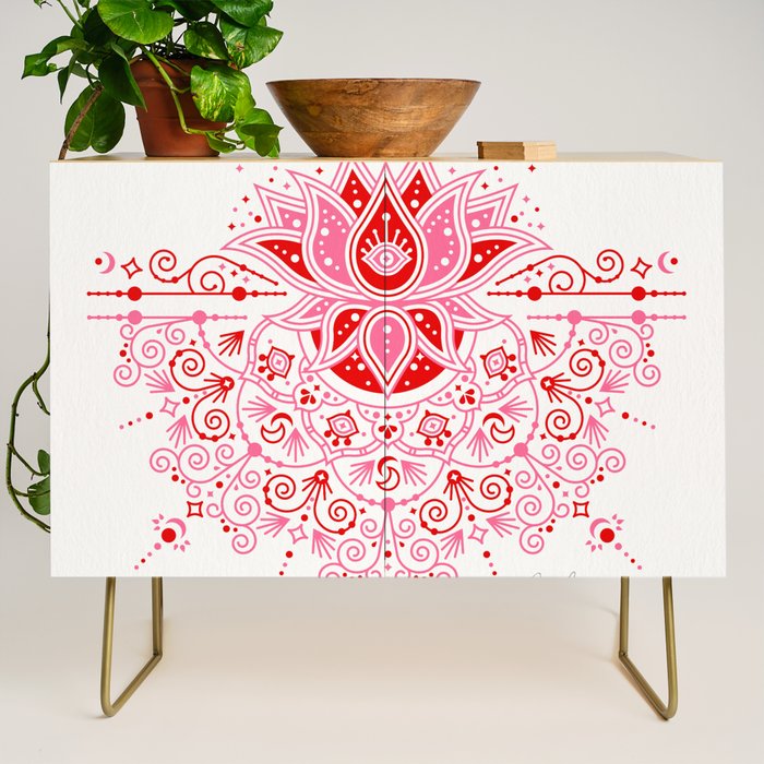 Lotus Blossom Mandala - Red & Pink Palette Credenza Gallery Image 1