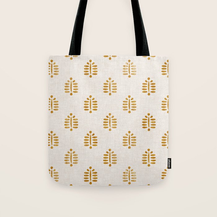 block print palm in golden on natural Tote Bag Gallery Image 1