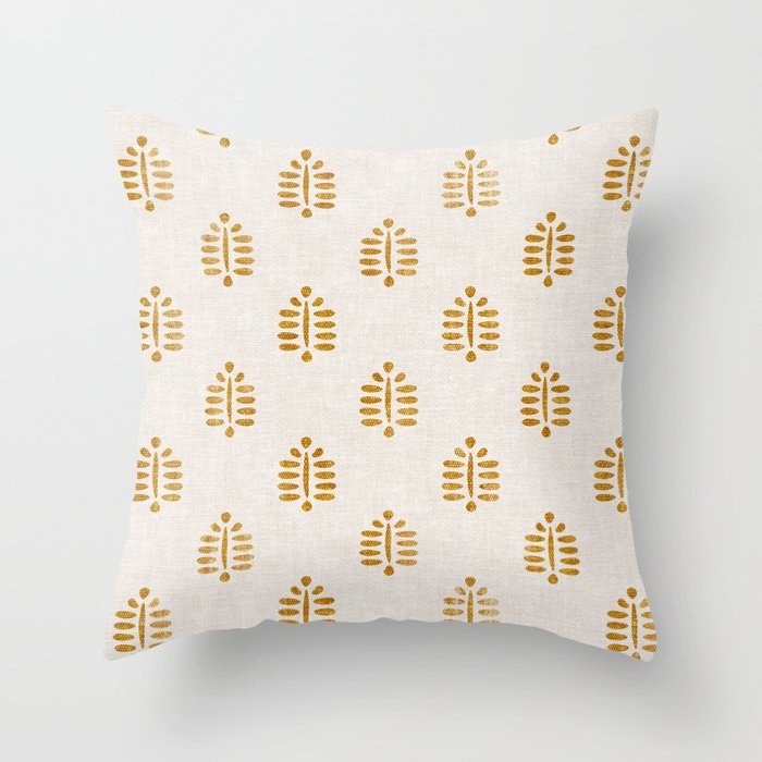 block print palm in golden on natural Throw Pillow Gallery Image 1