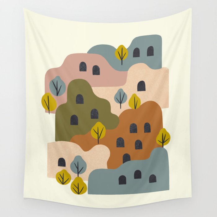 Adobe Village With Trees Wall Tapestry Gallery Image 4