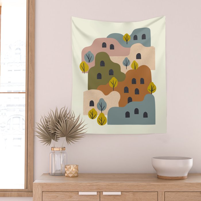 Adobe Village With Trees Wall Tapestry Gallery Image 2