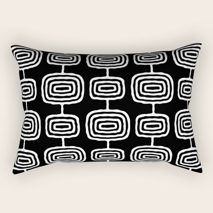 Mid Century Modern Atomic Rings Pattern Black and White Rectangular Pillow Gallery Image 1