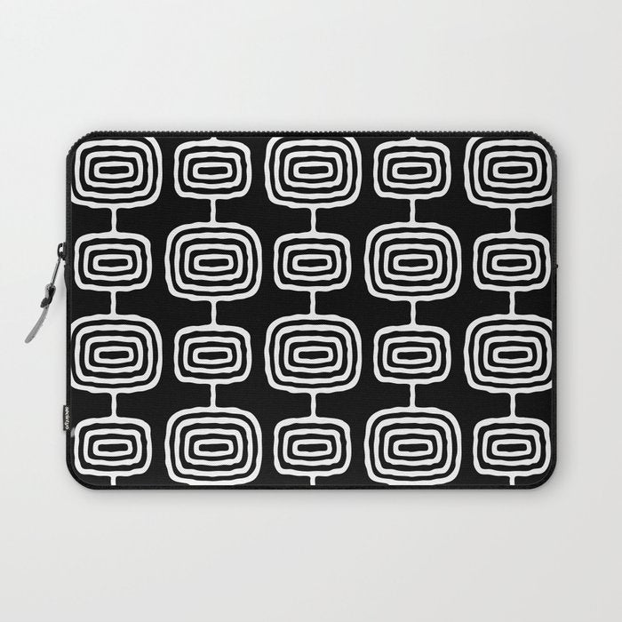 Mid Century Modern Atomic Rings Pattern Black and White Laptop Sleeve Gallery Image 1
