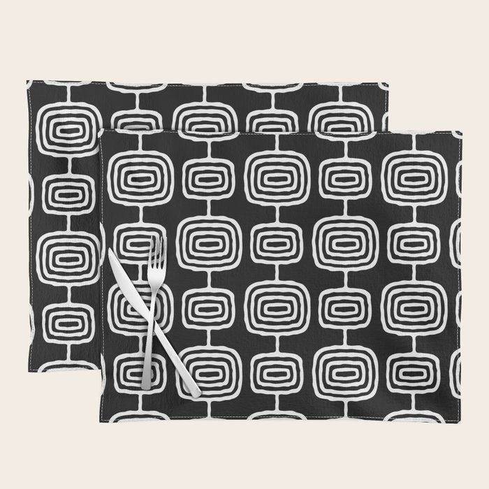 Mid Century Modern Atomic Rings Pattern Black and White Placemat Gallery Image 1