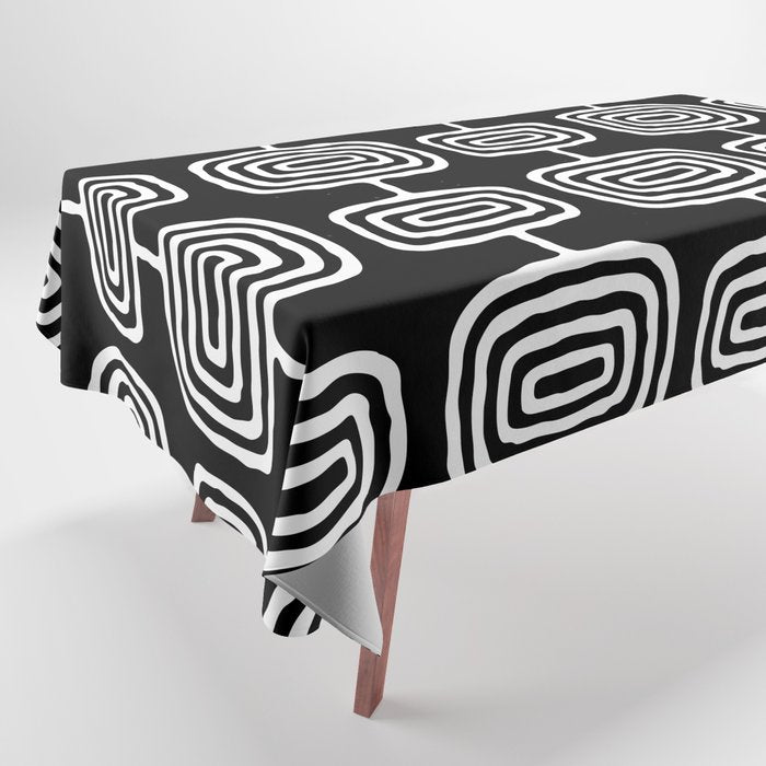 Mid Century Modern Atomic Rings Pattern Black and White Tablecloth Gallery Image 1