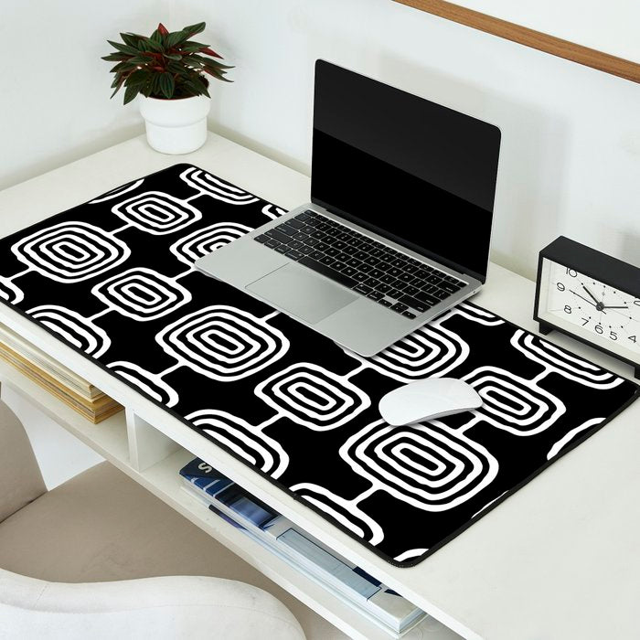 Mid Century Modern Atomic Rings Pattern Black and White Desk Mat Gallery Image 2