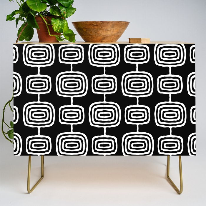 Mid Century Modern Atomic Rings Pattern Black and White Credenza Gallery Image 1