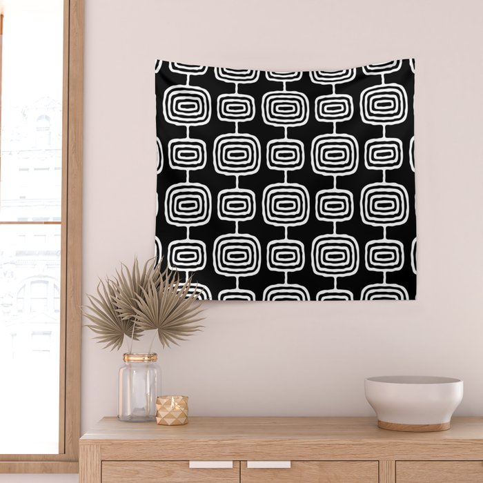 Mid Century Modern Atomic Rings Pattern Black and White Wall Tapestry Gallery Image 2